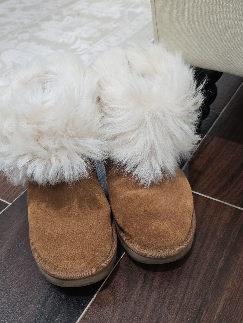 UGG Tan Suede Slip-On Boots with Cream Fur Cuff